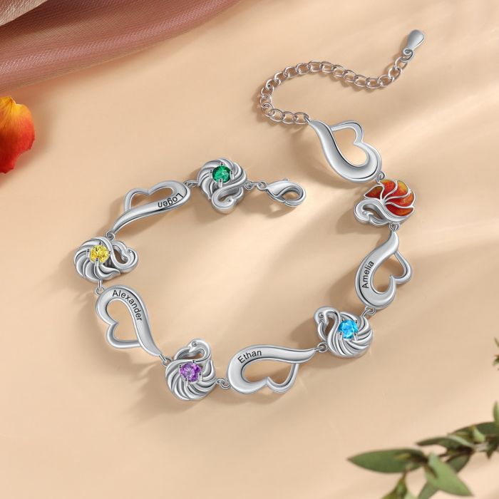 Customised Flamingo Bracelet With Birthstones And Names Engraved | Customised Bracelet For Her