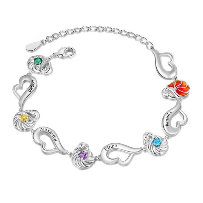 Customised Flamingo Bracelet With Birthstones And Names Engraved | Customised Bracelet For Her