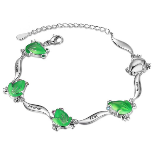 Personalised Frog Bracelet With Birthstones And Engraved Names | Customised Bracelet For Her
