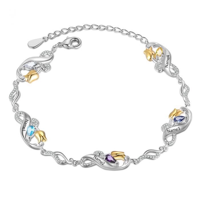 Customised Bracelet For Mum | Personalised Bracelet For Her With Birthstones And Names Engraved