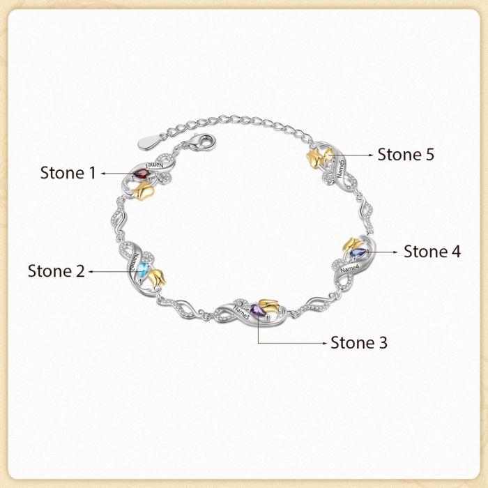 Customised Bracelet For Mum | Personalised Bracelet For Her With Birthstones And Names Engraved