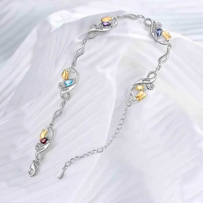 Customised Bracelet For Mum | Personalised Bracelet For Her With Birthstones And Names Engraved