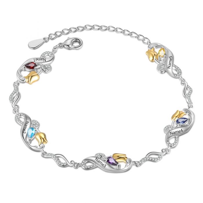 Customised Bracelet For Mum | Personalised Bracelet For Her With Birthstones And Names Engraved