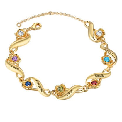 Personalised Birthstone Bracelet For Her | Customised Bracelet For Mum With Birthstones And Names Engraved