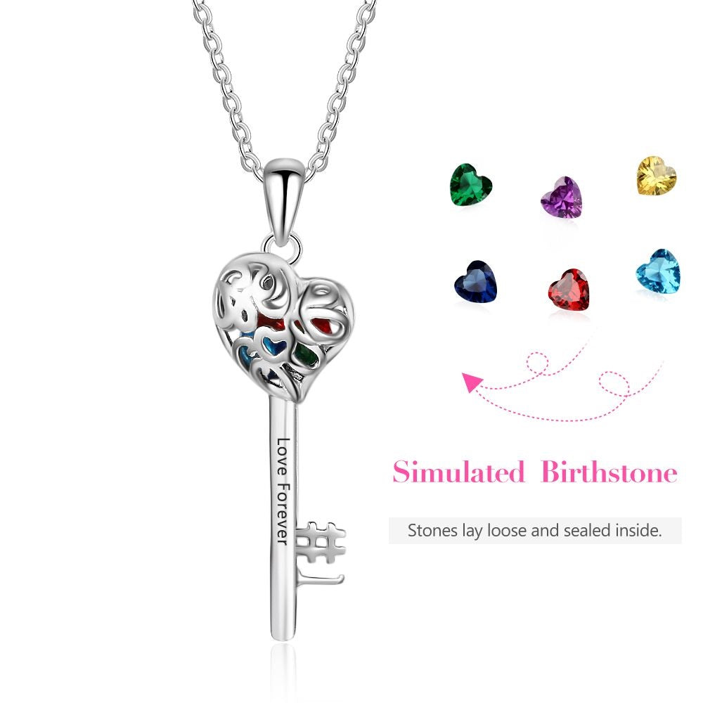 Bespoke Necklace "KEY OF HEARTS" Personalised Silver Heart Shape Key Birthstone necklace | Personalised Birthstone Necklace