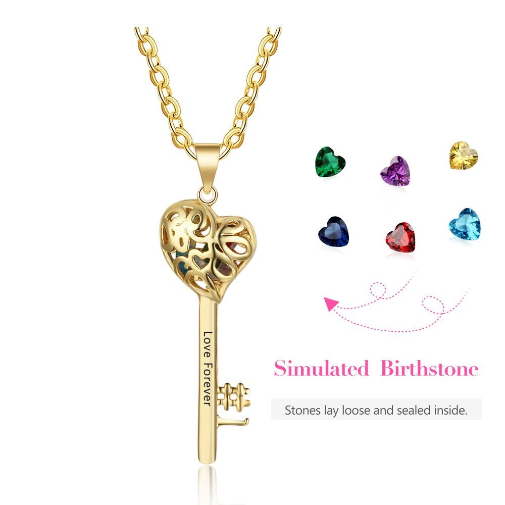 Bespoke Necklace "KEY OF HEARTS" Personalised Silver Yellow Gold Plated Heart Shape Key Birthstone necklace | Personalised Birthstone Necklace