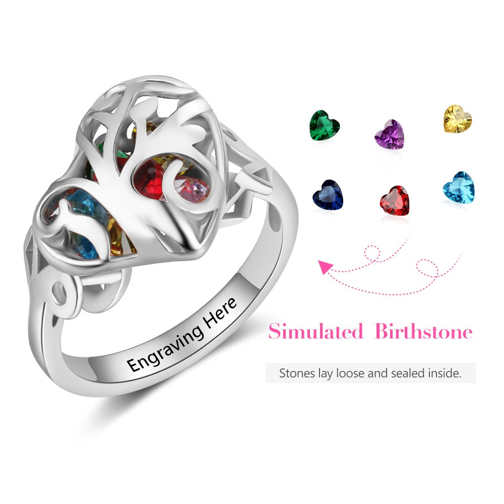 Bespoke Ring " IN MY HEART" Personalised Silver Heart Shape Cage Birthstone Ring | Personalised Birthstones Ring