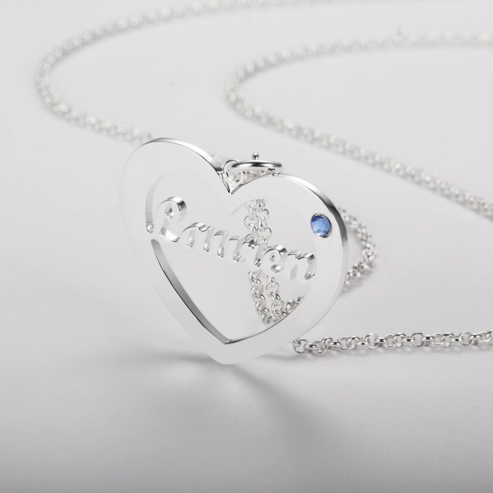 Bespoke Birthstone Heart Name Necklace | Personalised Sterling Silver Name Necklace With Birthstone