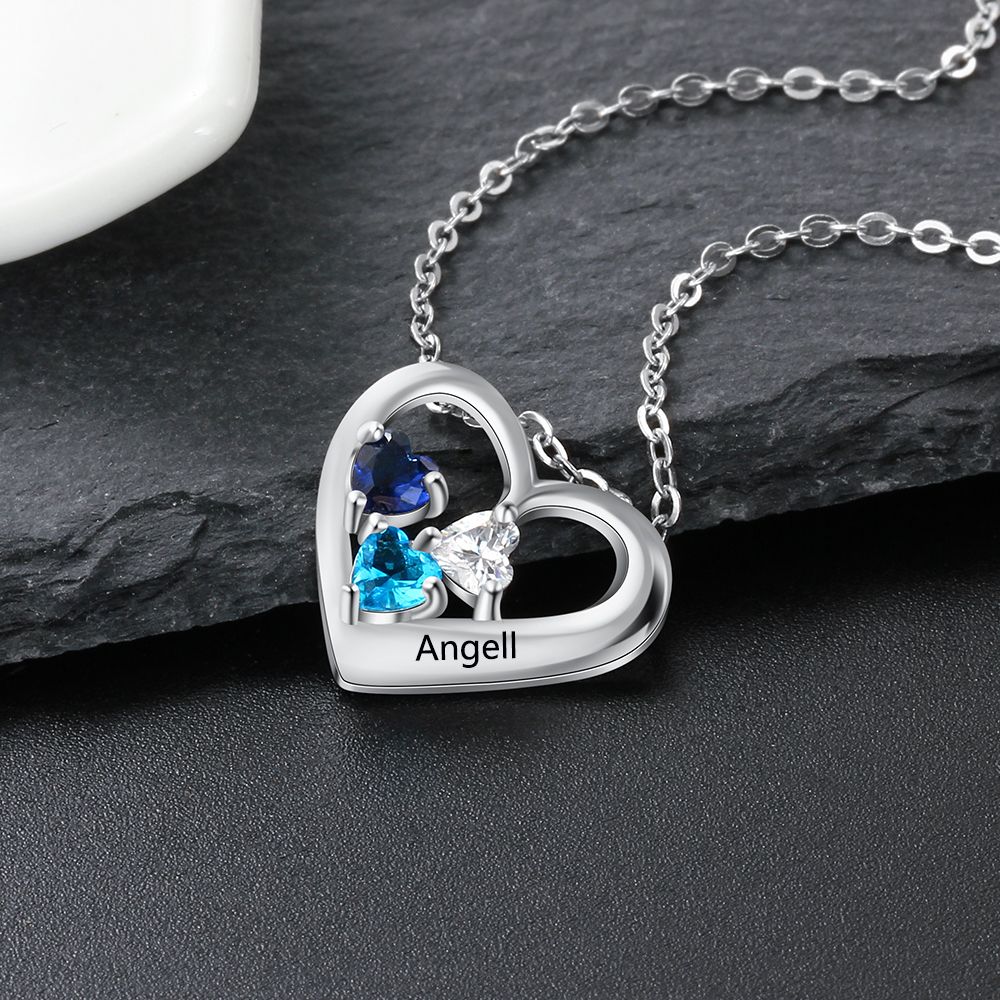 Personalised Necklace With 3 Birthstones And Engraved Name | Besp[oke Necklace For Her