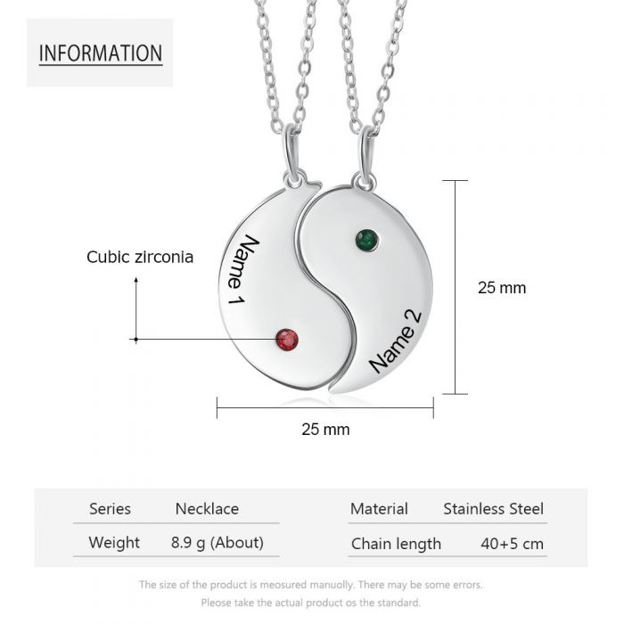 Personalised Ying Yang Necklace With Custom Engraved Names and Simulated Birthstones (CZ)  Customised Gift For Couples | Ying & Yang Name Necklace   Valentine's Day Gift Idea For Couple | Birthday Gift Idea For Couple 