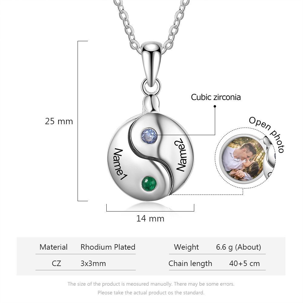 Personalised Yin Yang Photo Necklace With Birthsotnes And Engraved Names | Customised Yin Yang Necklace With Photo