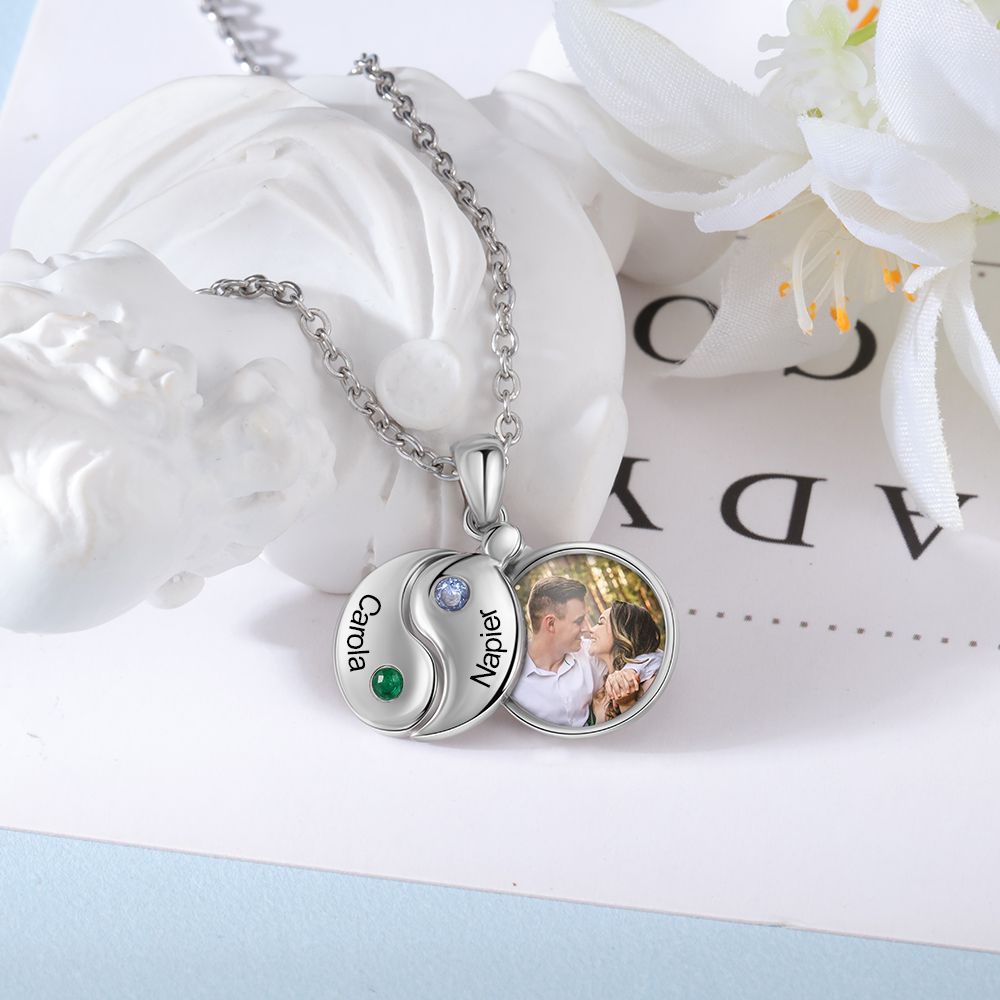 Personalised Yin Yang Photo Necklace With Birthsotnes And Engraved Names | Customised Yin Yang Necklace With Photo