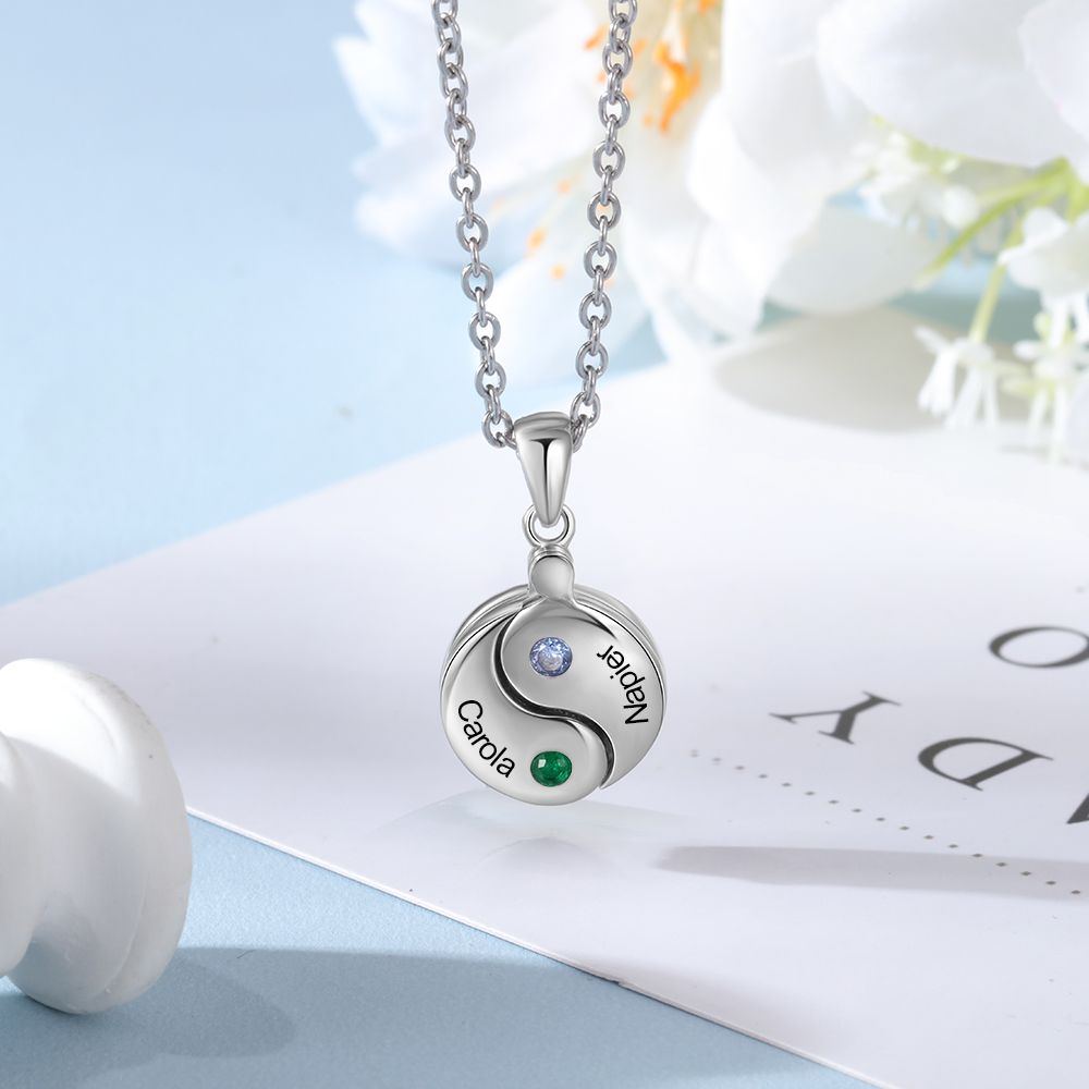 Personalised Yin Yang Photo Necklace With Birthsotnes And Engraved Names | Customised Yin Yang Necklace With Photo