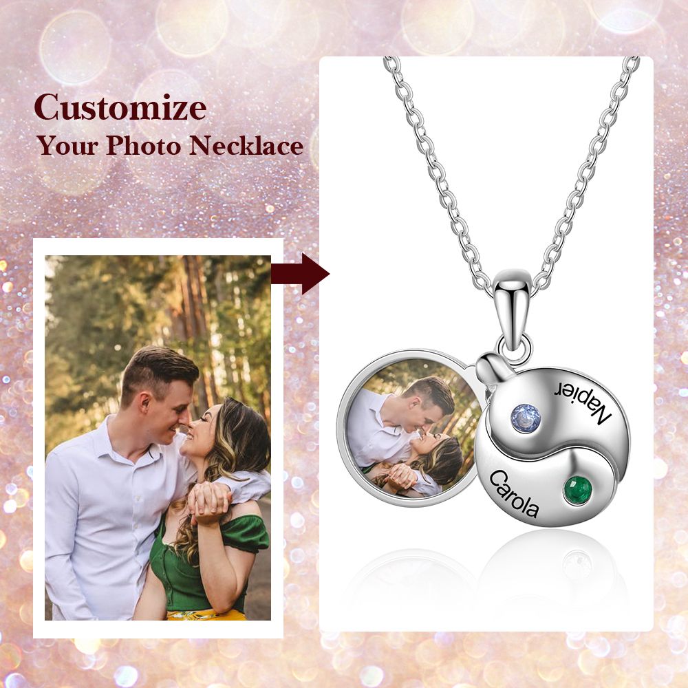 Personalised Yin Yang Photo Necklace With Birthsotnes And Engraved Names | Customised Yin Yang Necklace With Photo