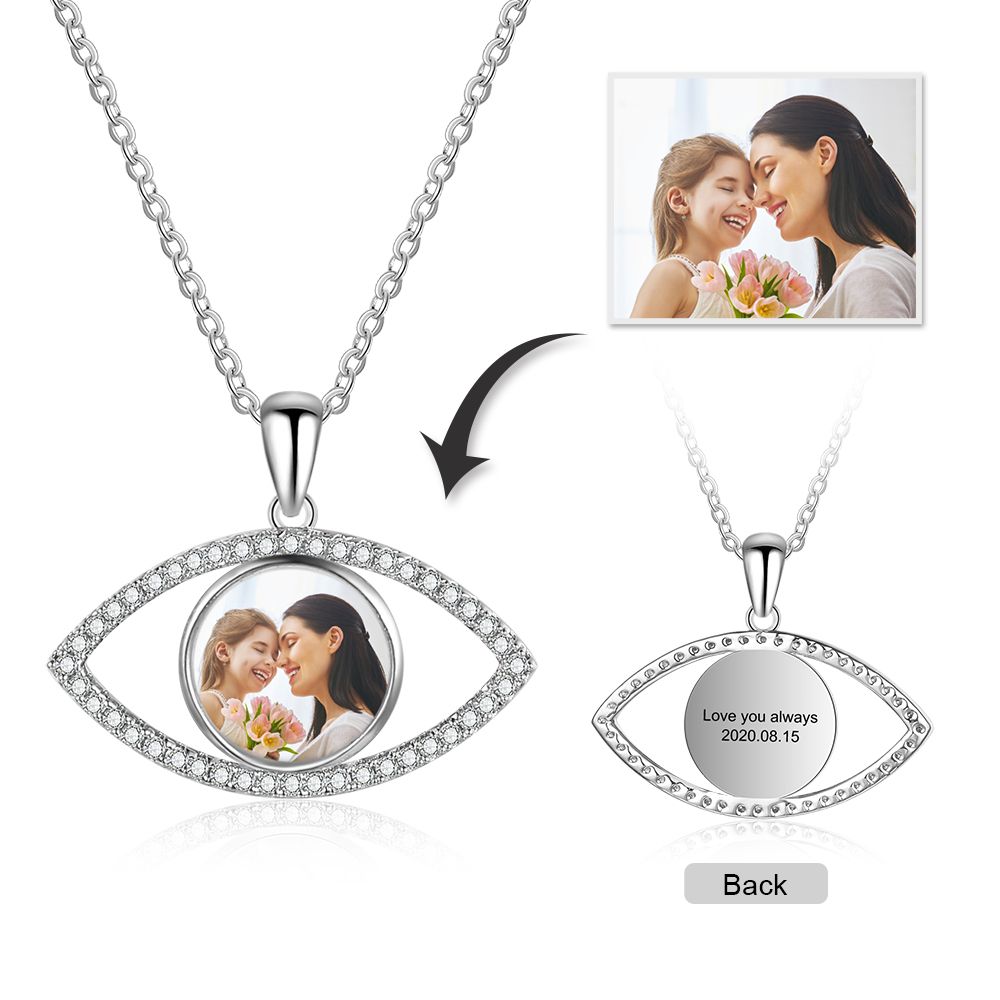 Personalised Eye Shape Photo Necklace | Bespoke Photo Necklace With Engraving