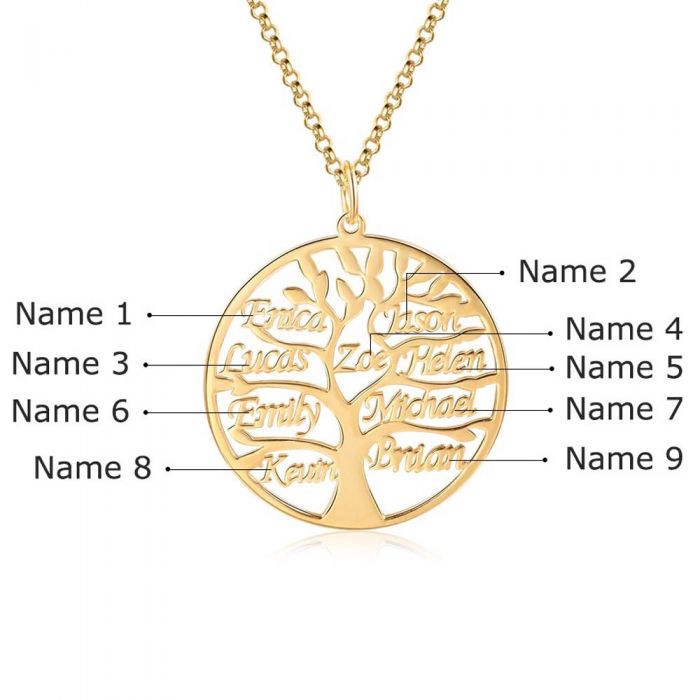 Tree Of Life Customised Family Names Necklace Up To 9 Names | Bespoke Family Tree Name Necklace