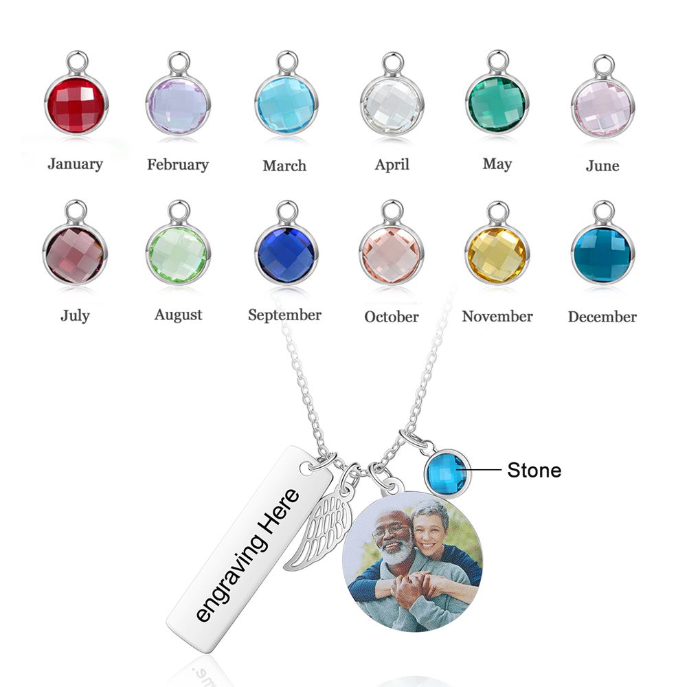 Customised Photo Necklace With Engraved Nameplate And Birthstone | Bespoke Photo Necklace