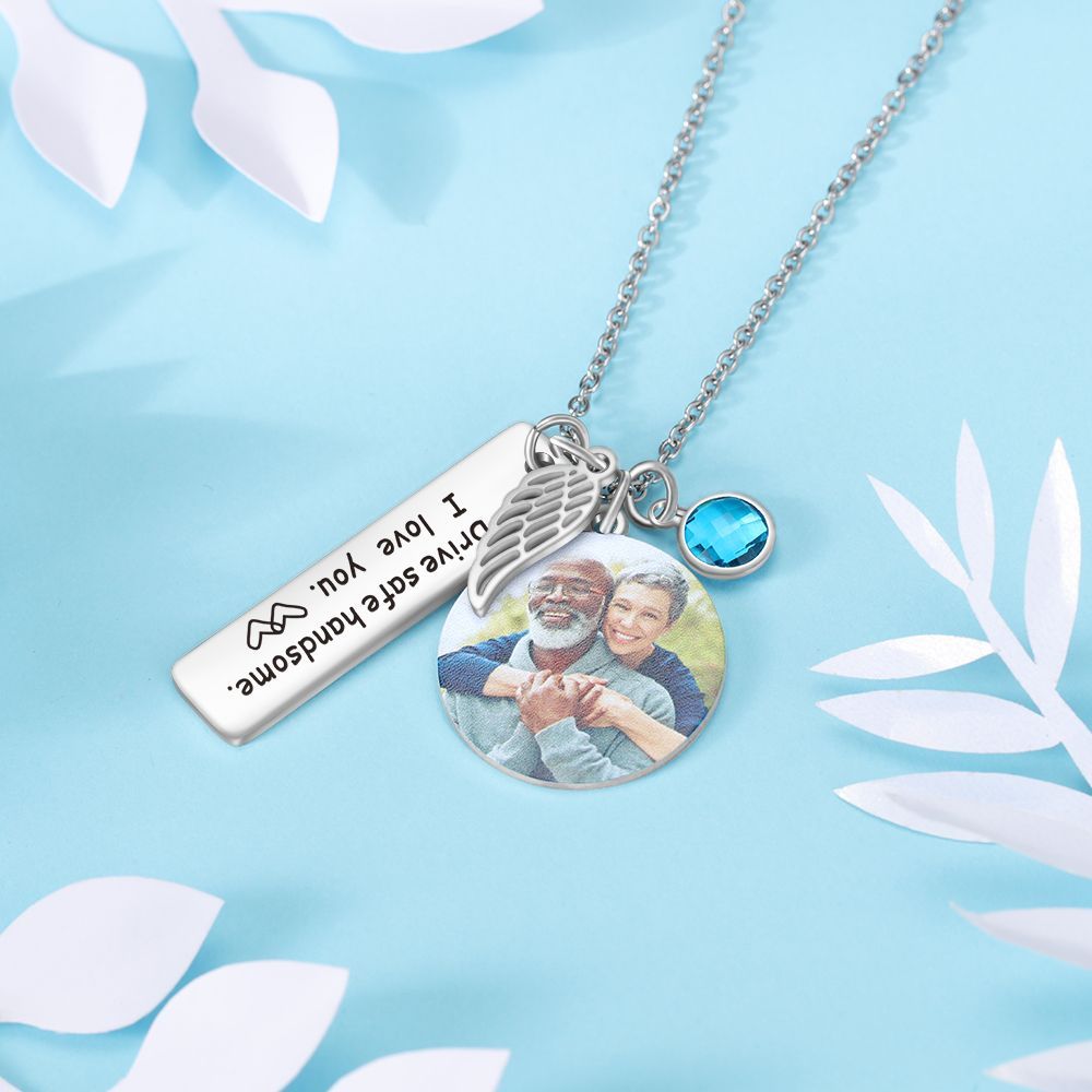 Customised Photo Necklace With Engraved Nameplate And Birthstone | Bespoke Photo Necklace