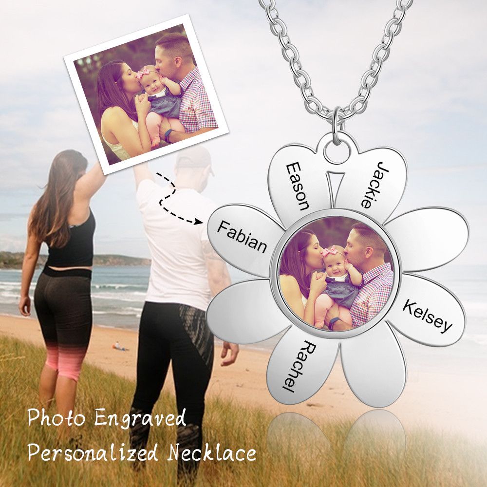 Personalised Flower Shape Photo Necklace With 5 Names Engraved | Bespoke Gift IDea For Mum