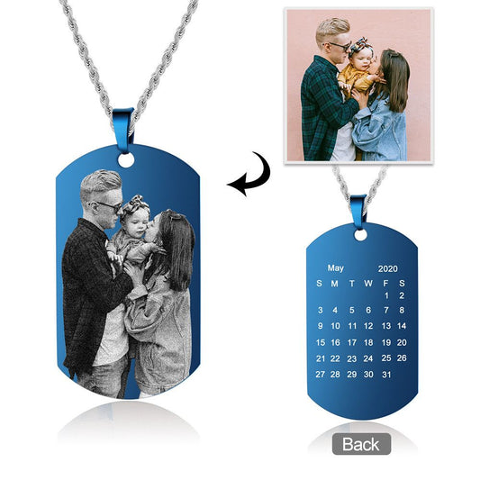 Personalised Blue Dog Tag Necklace For Men With Calendar | Customised Photo Necklaces For Men
