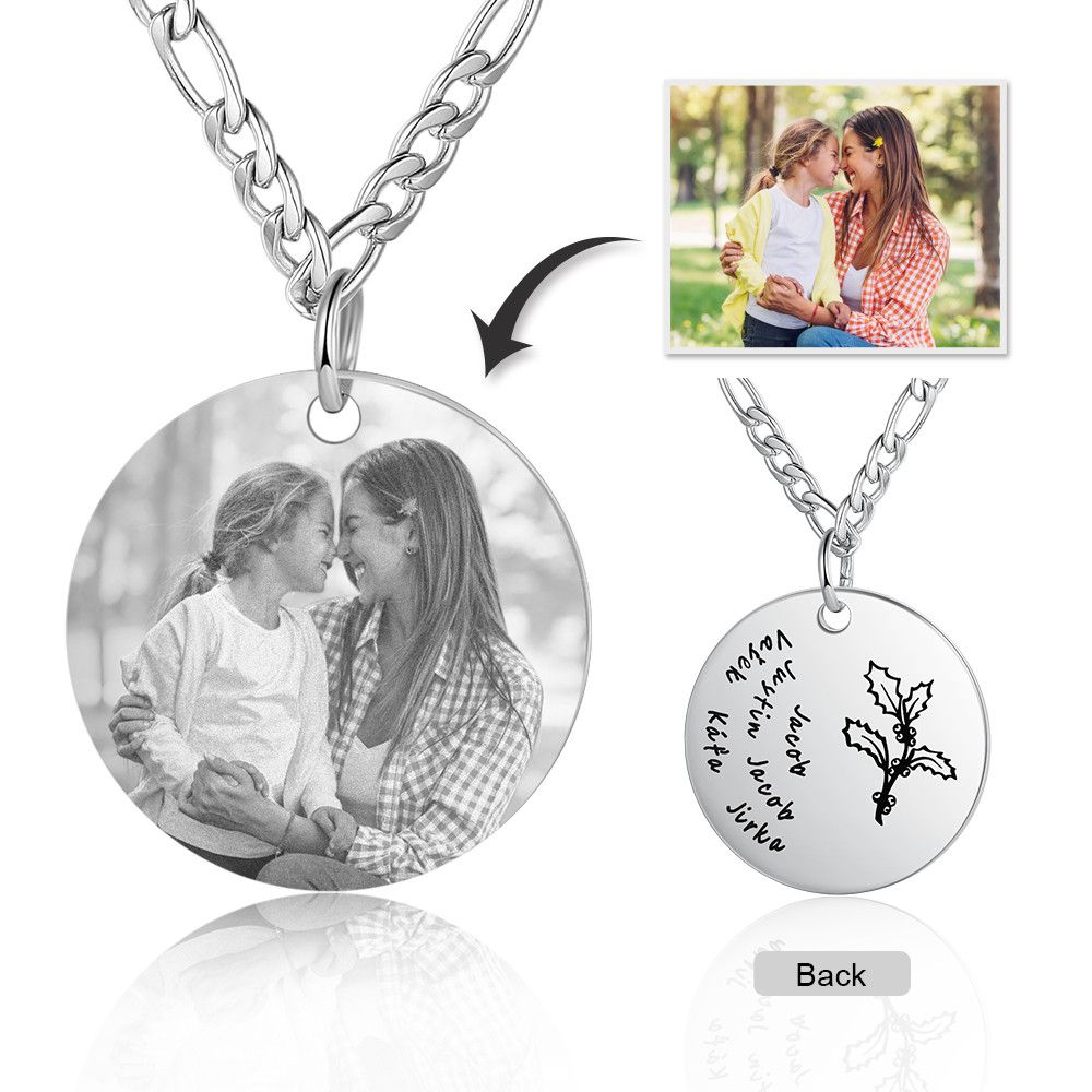 Personalised Photo Necklace With Birthflower and 6 Names Engraved | Personalised Photo Necklace For Men