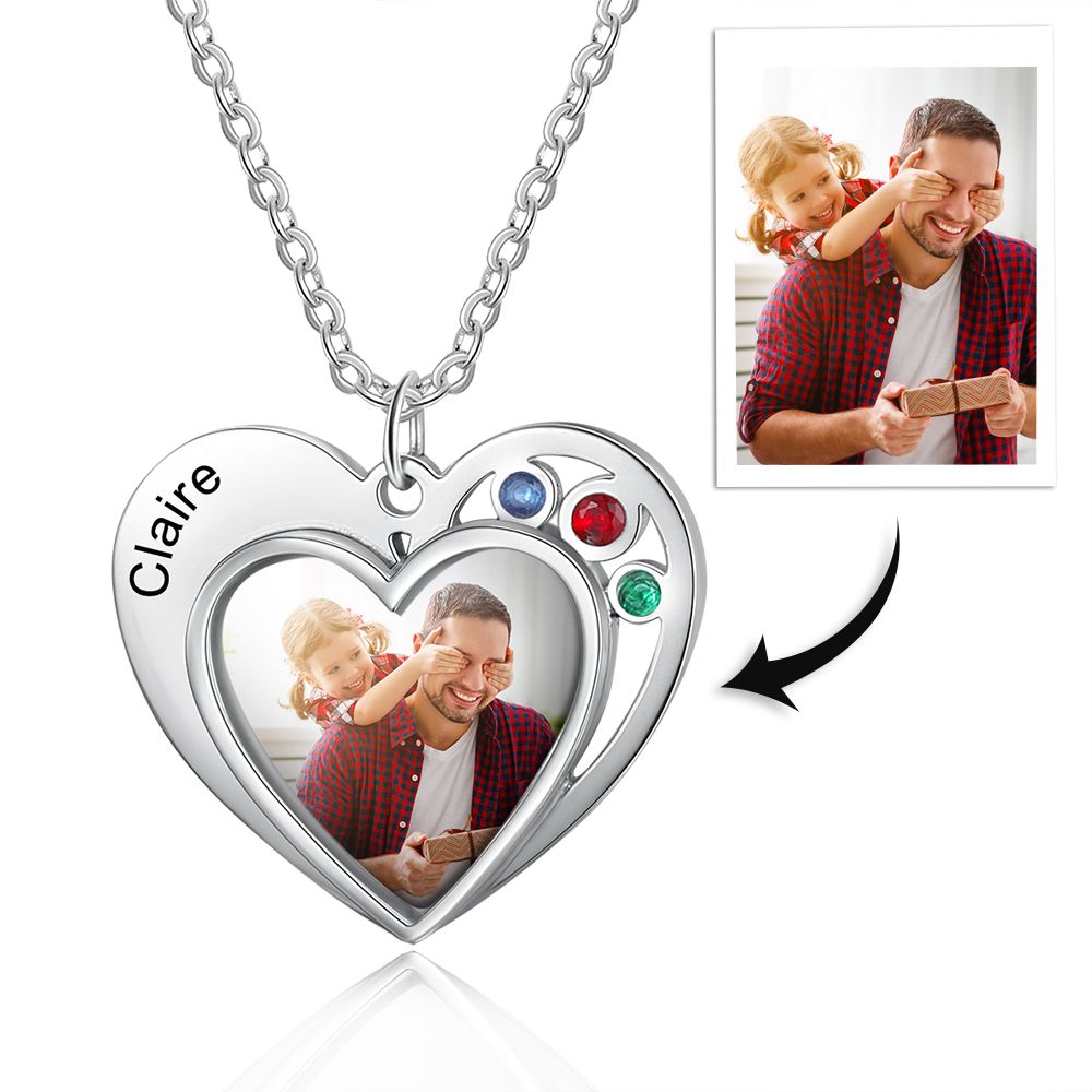 Personalised Photo Necklace With Engraved Name And Birthstones | Bespoke Photo Necklace