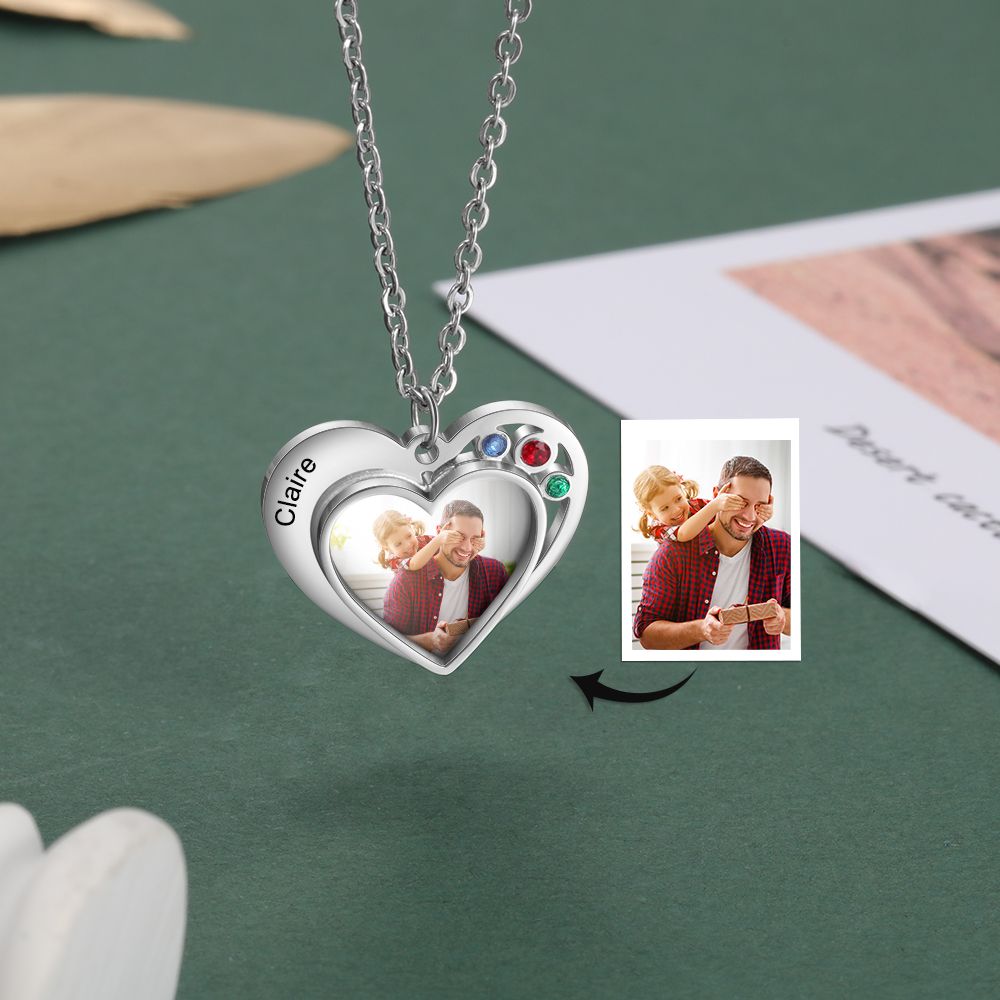 Personalised Photo Necklace With Engraved Name And Birthstones | Bespoke Photo Necklace