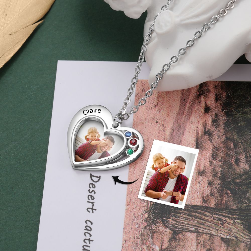 Personalised Photo Necklace With Engraved Name And Birthstones | Bespoke Photo Necklace