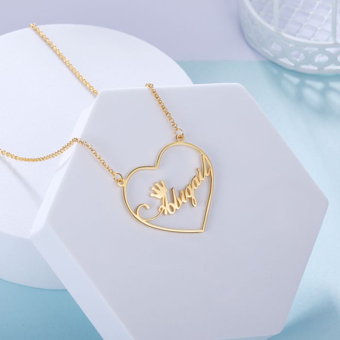 Personalised Name Necklace | Bespoke Name Necklace in a Heart With a Crown