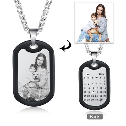 Personalised Dog Tag Necklace For Men With Engraved Calendar | Bspoke Dog Tag Photo Necklace For Him