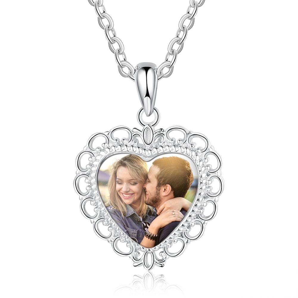 Personalised Heart Shape Photo Necklace With Customised Engraving | Bespoke Photo Necklace