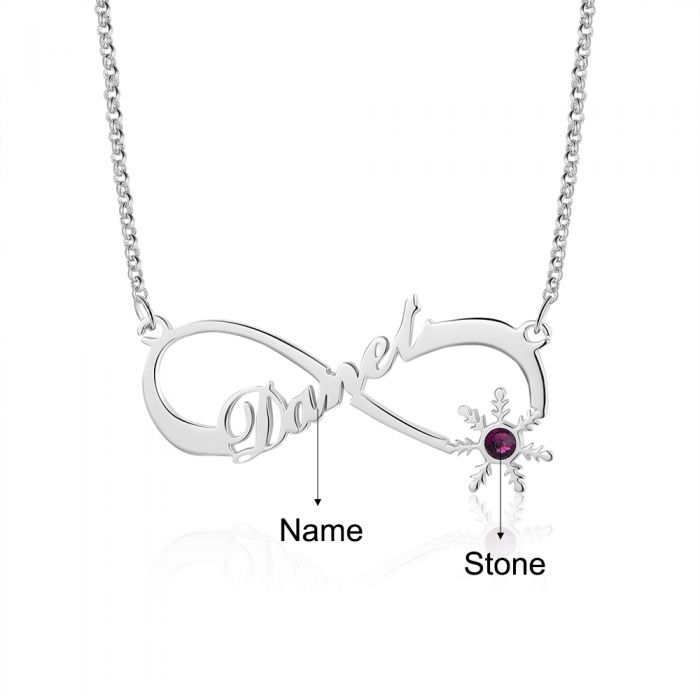 Personalised Name Necklace | Bespoke Infinity Name Necklace With Snowflake Birthstone