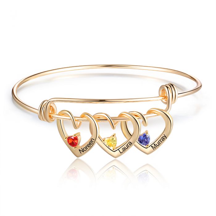 Personalised Birthstone Bracelet For Mum | Customised Up To 3 Engraved Hearts Birthstones Bracelet For Women