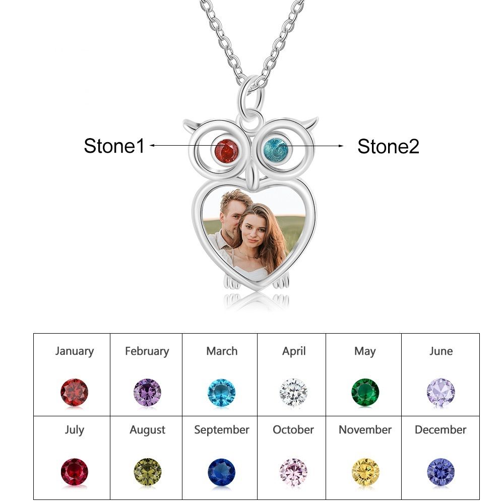 Personalised Owl Photo Necklace With Birthstones | Customised Photo Necklace With Birthstones