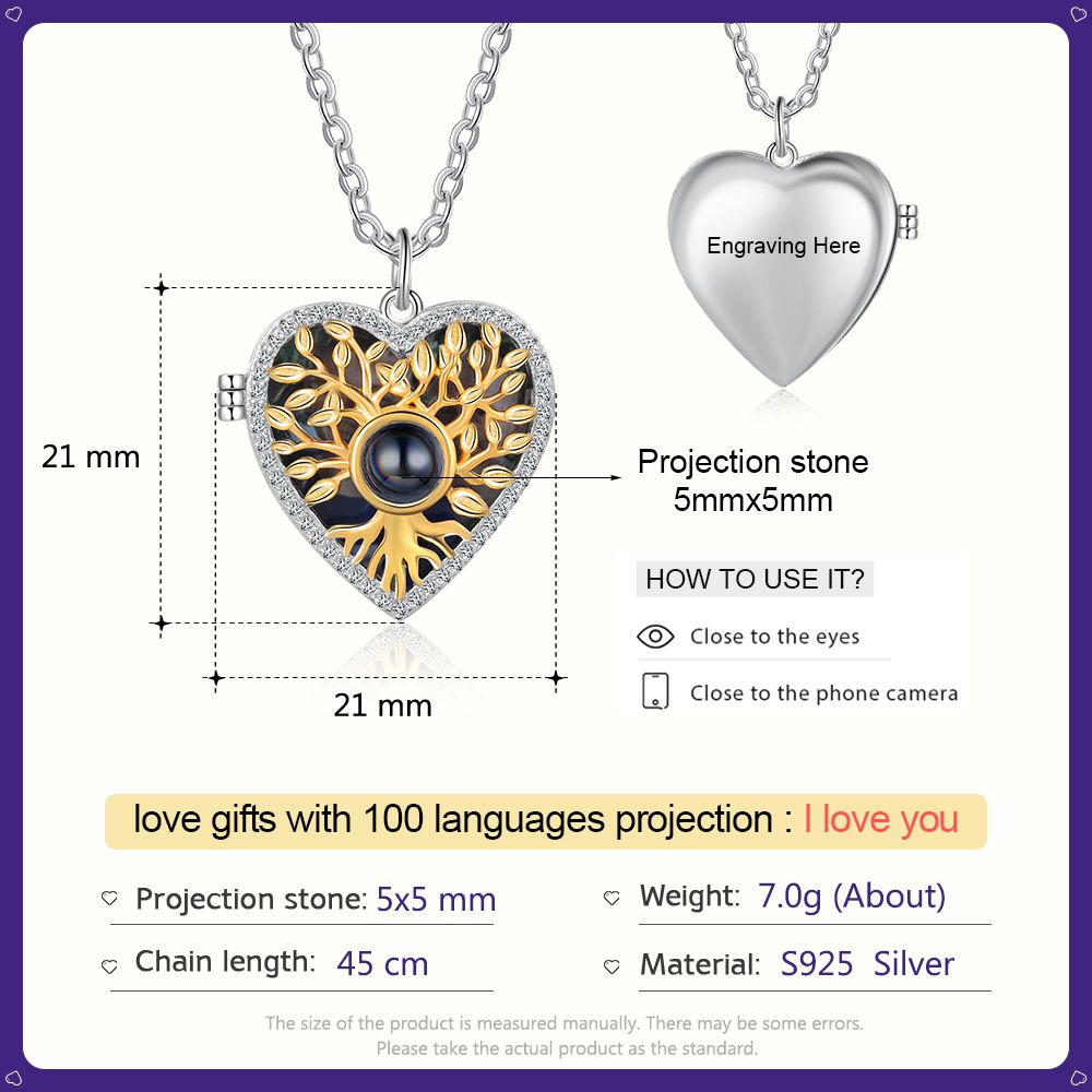 Personalised Sterling Silver Projection Photo Necklace | Bespoke "I Love You" Projection Necklace With Engraving