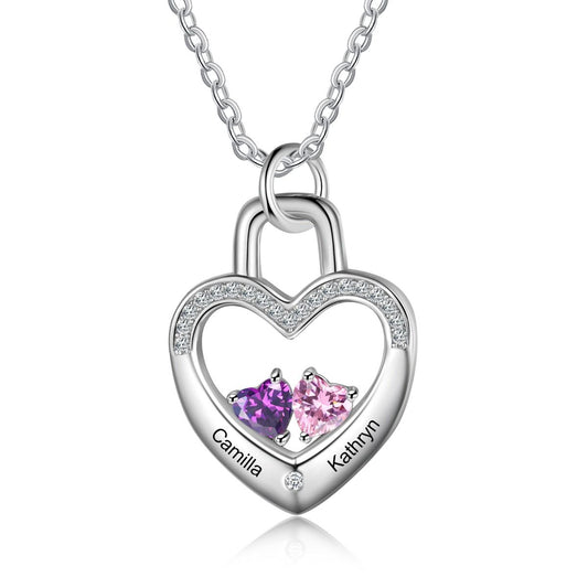 Heart Lock Personalised Necklace With Engraved Names And Birthstones | Bespoke Necklae For Woman