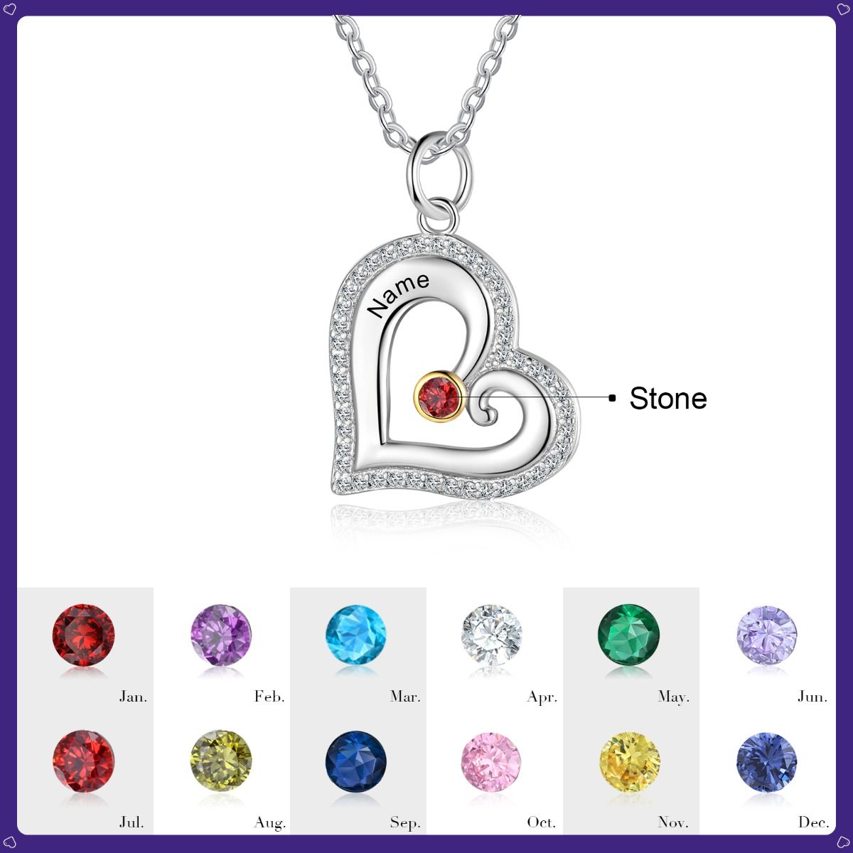 Heat Shape Bespoke Necklace With Up To 4 Birthstones And Engraved Names | Personalised Necklace For Women