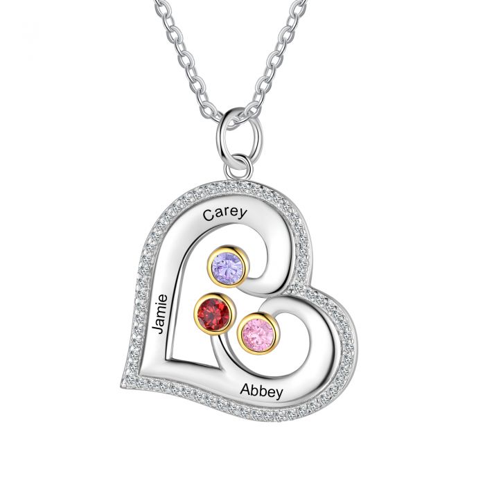 Heat Shape Bespoke Necklace With Up To 4 Birthstones And Engraved Names | Personalised Necklace For Women