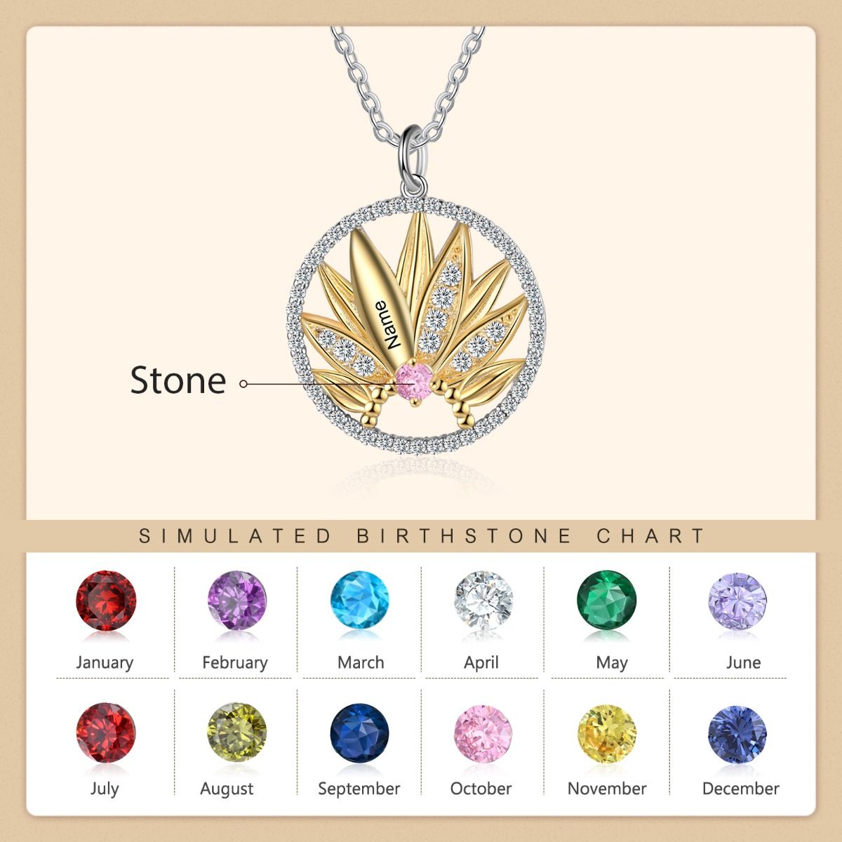 Flower Style Personalised Necklace | Customised Up To 3 Birthstones Necklace With Names Engraved