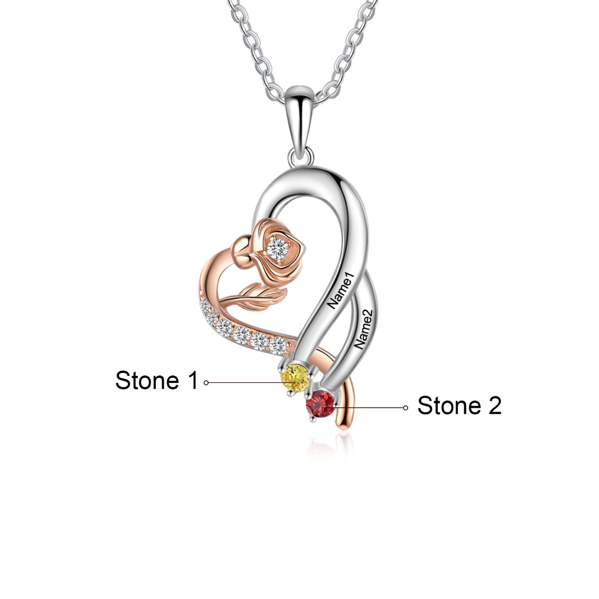 Personalised Necklace With 2-3 Birthstones And Engraved Names | Customised Gift For Woman