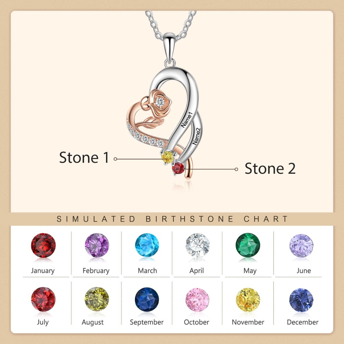 Personalised Necklace With 2-3 Birthstones And Engraved Names | Customised Gift For Woman