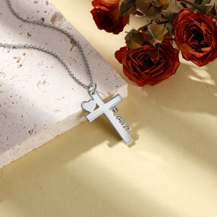 Personalised Cross & Heart Name Necklace | Bespoke Cross Name Necklace