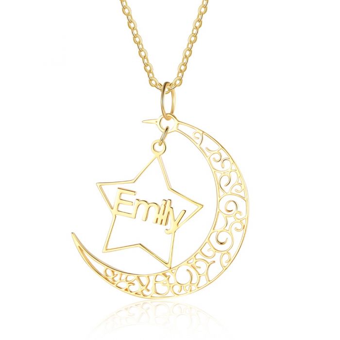 Personalised Star & Moon Name Necklace | Bespoke Name Necklace With Crescent & Star