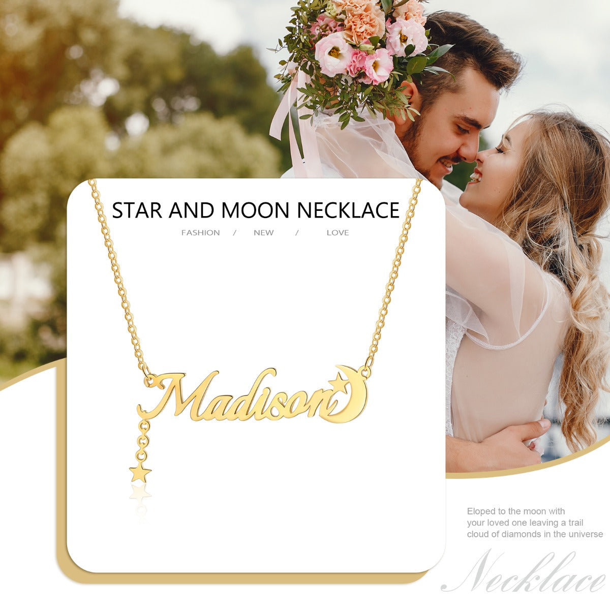 Personalised Star & Moon Name Necklace | Bespoke Name Necklace With Crescent & Star