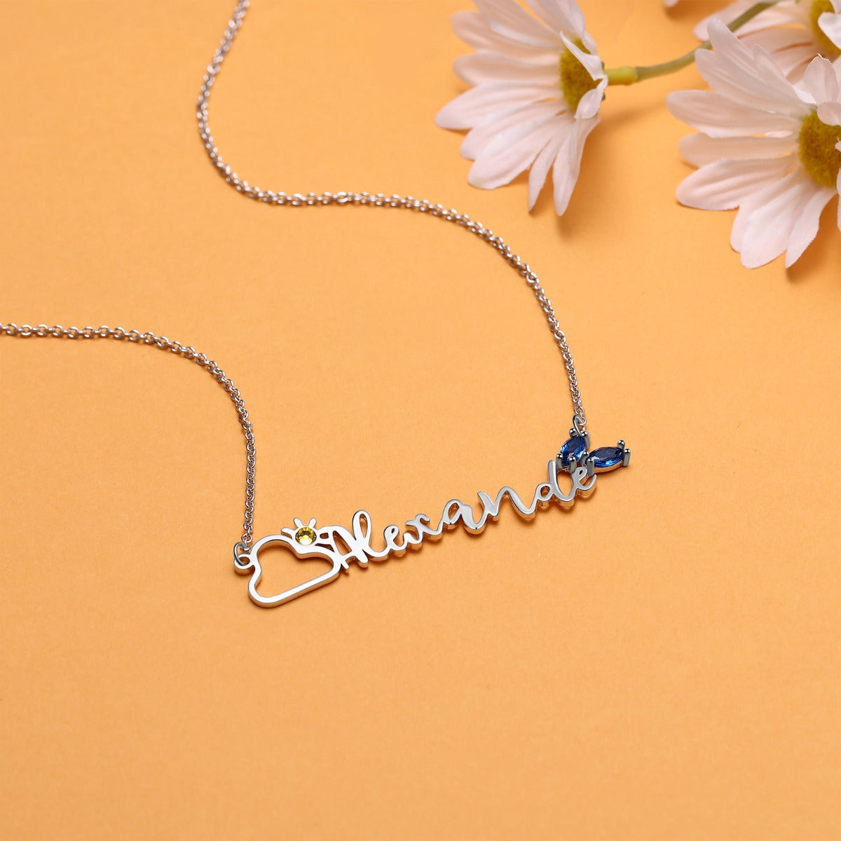 Personalised Name Necklace With Sun & Cloud And Two Birthstones