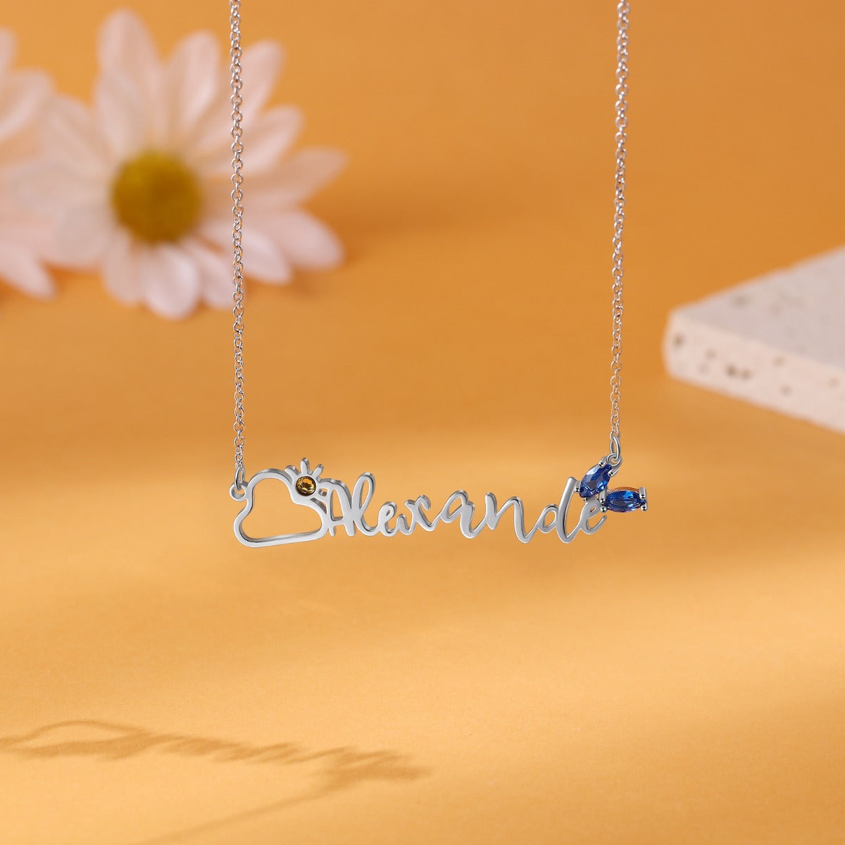 Personalised Name Necklace With Sun & Cloud And Two Birthstones