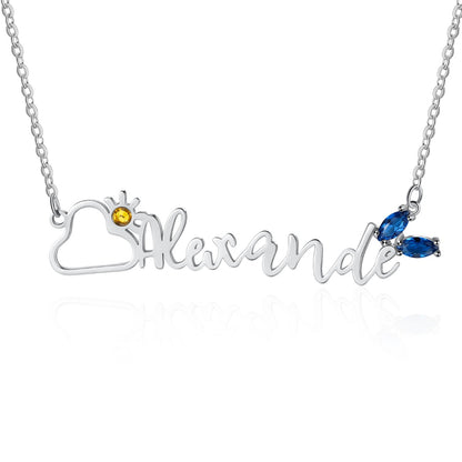 Personalised Name Necklace With Sun & Cloud And Two Birthstones