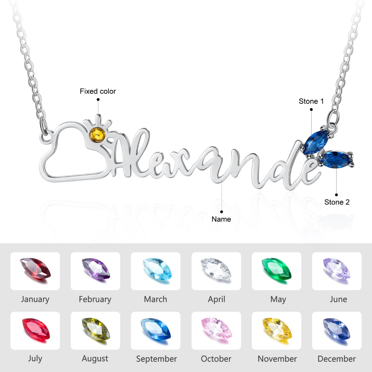 Personalised Name Necklace With Sun & Cloud And Two Birthstones