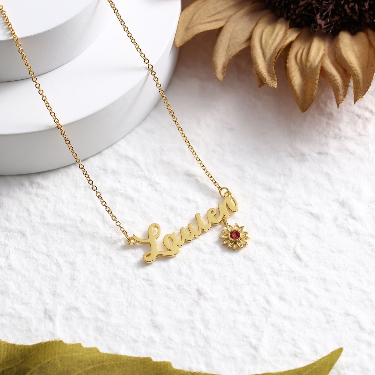Bespoke Name Necklace With Birthstone Sunflower | Cutom Made Name Necklace