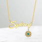 Personalised Sunflower Birthstone Name Necklace | Customised Name Necklace With Sunflower & Birthstone